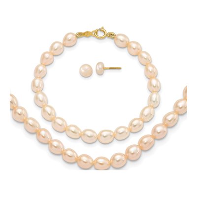 14K Gold Pink Pearl Necklace, Bracelet & Earring Set