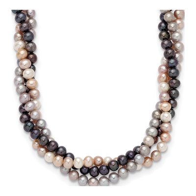14K White Gold Freshwater Cultured Pearl 3-Strand Multicolor Necklace