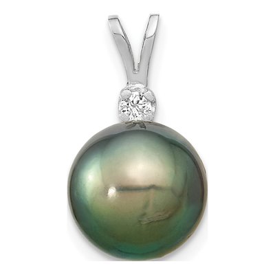 14K White Gold 1/20 ct tw Black Tahitian Cultured Pearl & Diamond Round Pendant