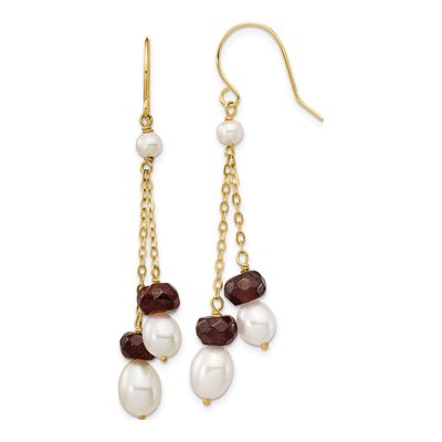 14K Yellow Gold Freshwater Cultured Pearl & Garnet Dangle Earrings
