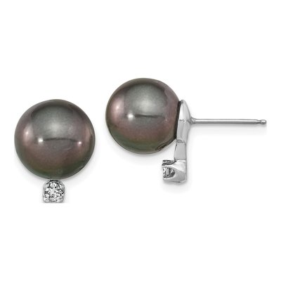 14K White Gold 1/10 ct tw Round Black Tahitian Cultured Pearl & Diamond Stud Earrings