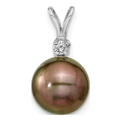 14K White Gold 1/20 ct tw Black Tahitian Cultured Pearl & Diamond Round Pendant