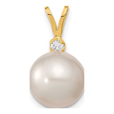 14K Yellow Gold 1/20 ct tw Cultured Pearl & Diamond Round Pendant