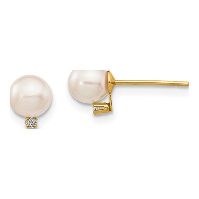 14K Yellow Gold Round Akoya Cultured Pearl & Diamond Stud Earrings