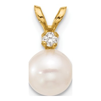 14K Yellow Gold Akoya Cultured Pearl & Diamond Round Pendant