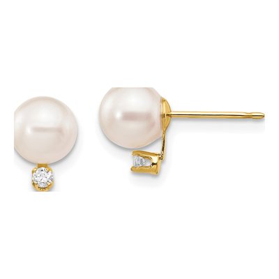 14K Yellow Gold 1/20 ct tw Round Akoya Cultured Pearl & Diamond Stud Earrings
