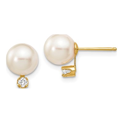 14K Yellow Gold 1/10 ct tw Round Akoya Cultured Pearl & Diamond Stud Earrings