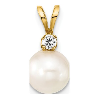 14K Yellow Gold 1/20 ct tw Akoya Cultured Pearl & Diamond Round Pendant