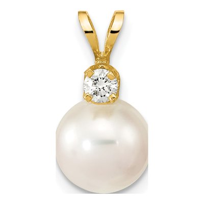 14K Yellow Gold 1/10 ct tw Akoya Cultured Pearl & Diamond Round Pendant