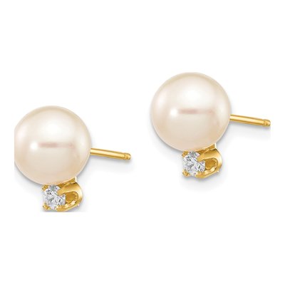 14K Yellow Gold 1/10 ct tw Round Freshwater Cultured Pearl & Diamond Stud Earrings – view 2