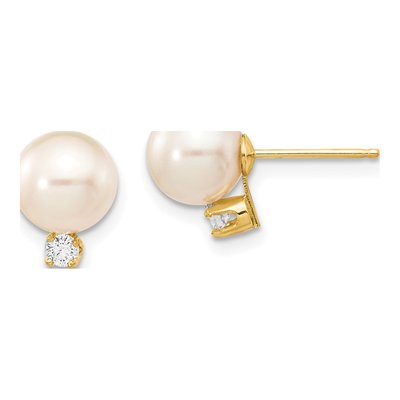 14K Yellow Gold 1/10 ct tw Round Freshwater Cultured Pearl & Diamond Stud Earrings