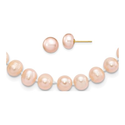14k Gold Pink Freshwater Pearl Necklace & Earring Set
