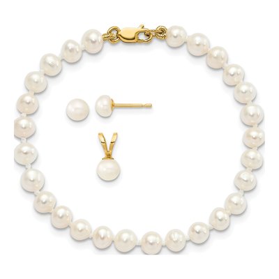 Girls' 14K Gold Pearl Pendant, Bracelet & Earring Set