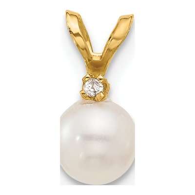14K Yellow Gold Freshwater Cultured Pearl & Diamond Round Pendant