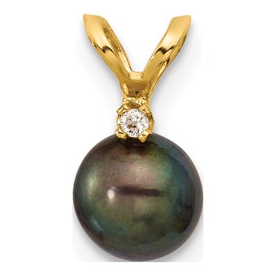 14K Yellow Gold Black Freshwater Cultured Pearl & Diamond Pendant