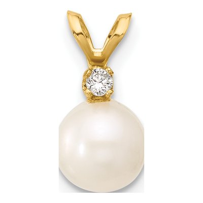 14K Yellow Gold Freshwater Cultured Pearl & Diamond Round Pendant