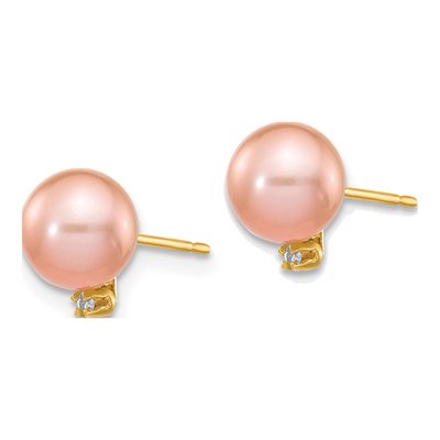 14K Yellow Gold Round Pink Freshwater Cultured Pearl & Diamond Stud Earrings – view 2