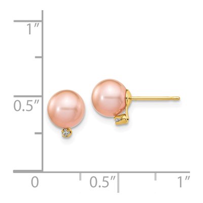 14K Yellow Gold Round Pink Freshwater Cultured Pearl & Diamond Stud Earrings – view 4