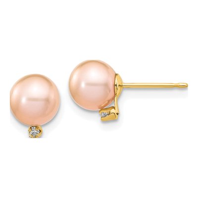 14K Yellow Gold Round Pink Freshwater Cultured Pearl & Diamond Stud Earrings