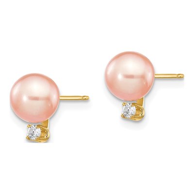 14K Yellow Gold 1/20 ct tw Round Pink Freshwater Cultured Pearl & Diamond Stud Earrings – view 2