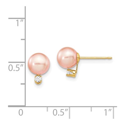 14K Yellow Gold 1/20 ct tw Round Pink Freshwater Cultured Pearl & Diamond Stud Earrings – view 4