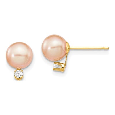 14K Yellow Gold 1/20 ct tw Round Pink Freshwater Cultured Pearl & Diamond Stud Earrings
