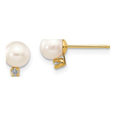 14K Yellow Gold Round Freshwater Cultured Pearl & Diamond Stud Earrings