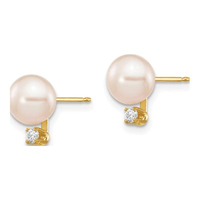 14K Yellow Gold 1/20 ct tw Round Freshwater Cultured Pearl & Diamond Stud Earrings – view 2