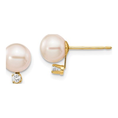 14K Yellow Gold 1/20 ct tw Round Freshwater Cultured Pearl & Diamond Stud Earrings