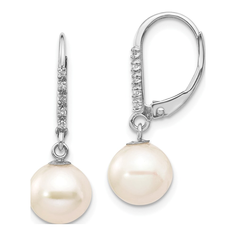14K White Gold Pearl & Diamond Leverback Earrings