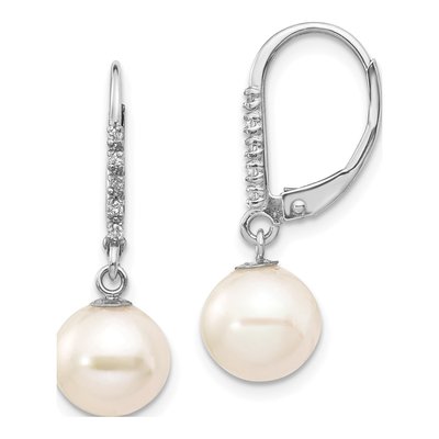 14K White Gold 1/20 ct tw Freshwater Cultured Pearl & Diamond Leverback Earrings