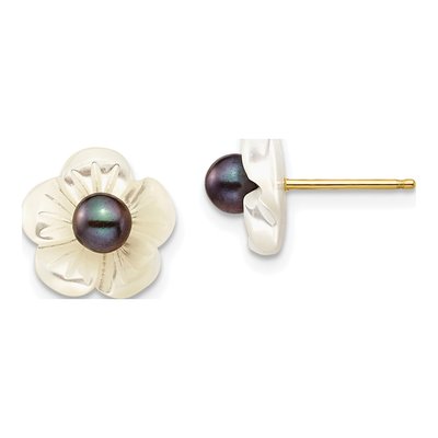 14k Gold Black Pearl & Mother of Pearl Flower Earrings