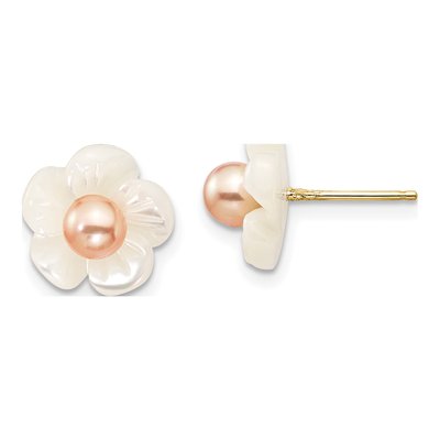 14K Gold Pink Pearl & Mother of Pearl Flower Earrings