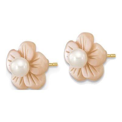 14K Yellow Gold Round Freshwater Cultured Pearl & Mother of Pearl Flower Stud Earrings – view 2