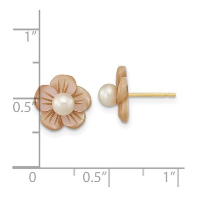 14K Yellow Gold Round Freshwater Cultured Pearl & Mother of Pearl Flower Stud Earrings – view 4