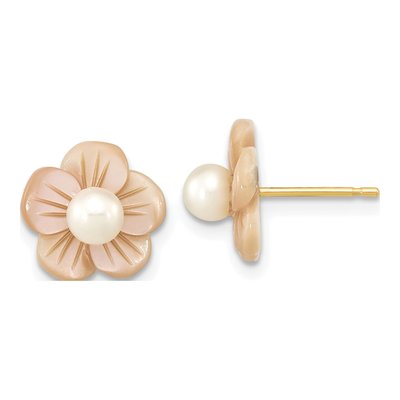 14K Yellow Gold Round Freshwater Cultured Pearl & Mother of Pearl Flower Stud Earrings