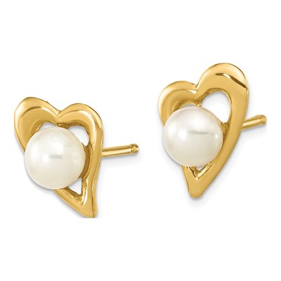 14K Yellow Gold Button Freshwater Cultured Pearl Heart Stud Earrings – view 2