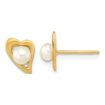 14K Yellow Gold Button Freshwater Cultured Pearl Heart Stud Earrings