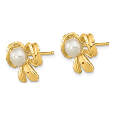 14K Yellow Gold Button Freshwater Cultured Pearl Bow Stud Earrings – view 2