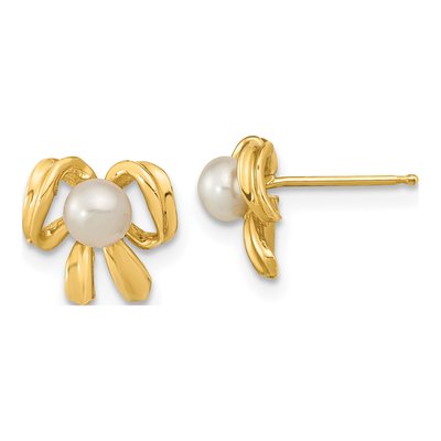 14K Yellow Gold Button Freshwater Cultured Pearl Bow Stud Earrings