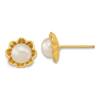 14K Yellow Gold Freshwater Cultured Pearl Button Stud Earrings