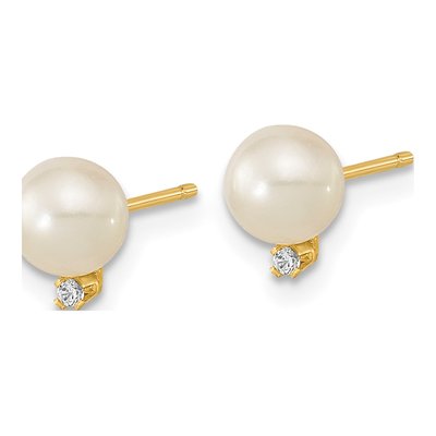 14K Yellow Gold Round Freshwater Cultured Pearl & CZ Stud Earrings – view 2