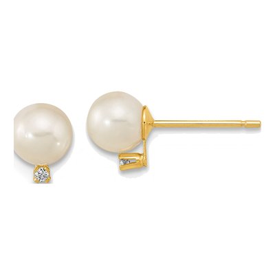 14K Yellow Gold Round Freshwater Cultured Pearl & CZ Stud Earrings