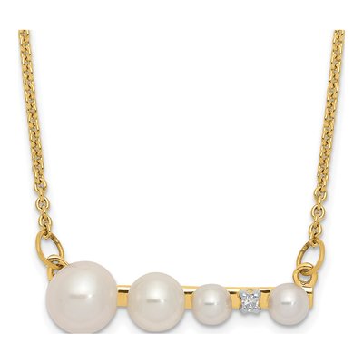 14K Yellow Gold Freshwater Cultured Pearl & Diamond Graduated Round Necklace