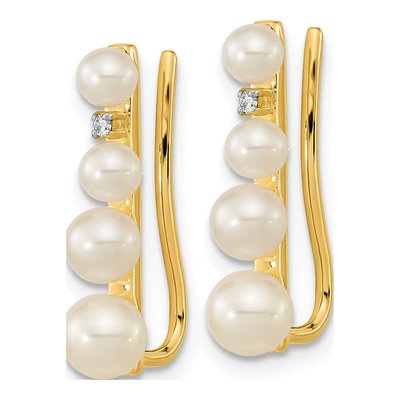 14K Yellow Gold Freshwater Cultured Pearl & Diamond Ear Climber Threader Earrings – view 2