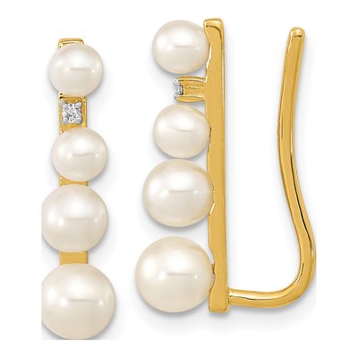 14K Yellow Gold Freshwater Cultured Pearl & Diamond Ear Climber Threader Earrings