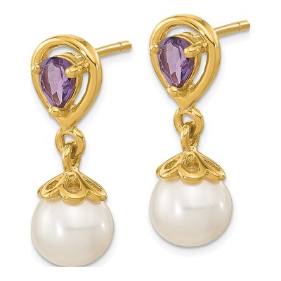 14K Yellow Gold Freshwater Cultured Pearl & Amethyst Dangle Earrings – view 2
