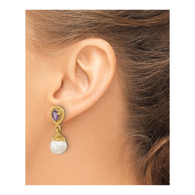 14K Yellow Gold Freshwater Cultured Pearl & Amethyst Dangle Earrings – view 3
