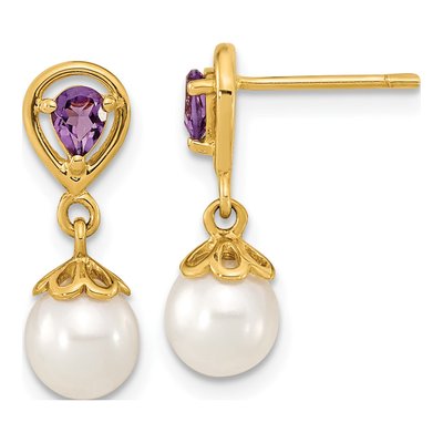 14K Yellow Gold Freshwater Cultured Pearl & Amethyst Dangle Earrings