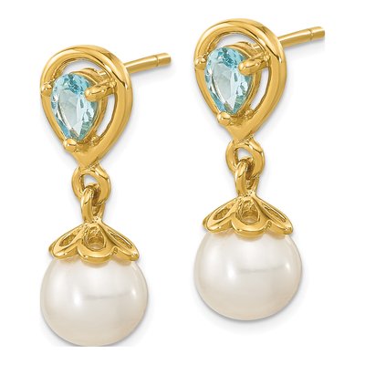 14K Yellow Gold Freshwater Cultured Pearl & Swiss Blue Topaz Dangle Earrings – view 2